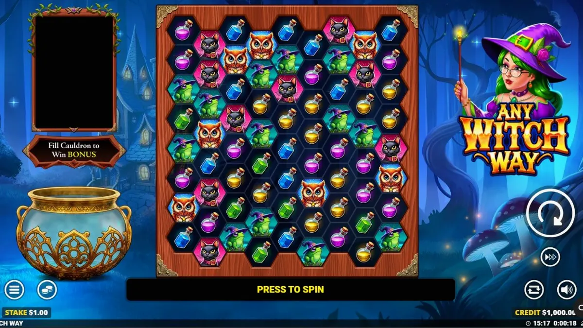 Interface mágica do slot Any Witch Way com caldeirão e símbolos de floresta